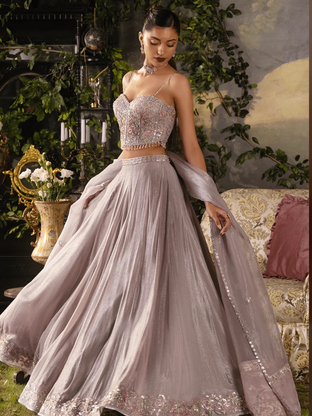 Lashkaraa Dusty Mauve Embroidered Georgette Corset-Style Lehenga Dress